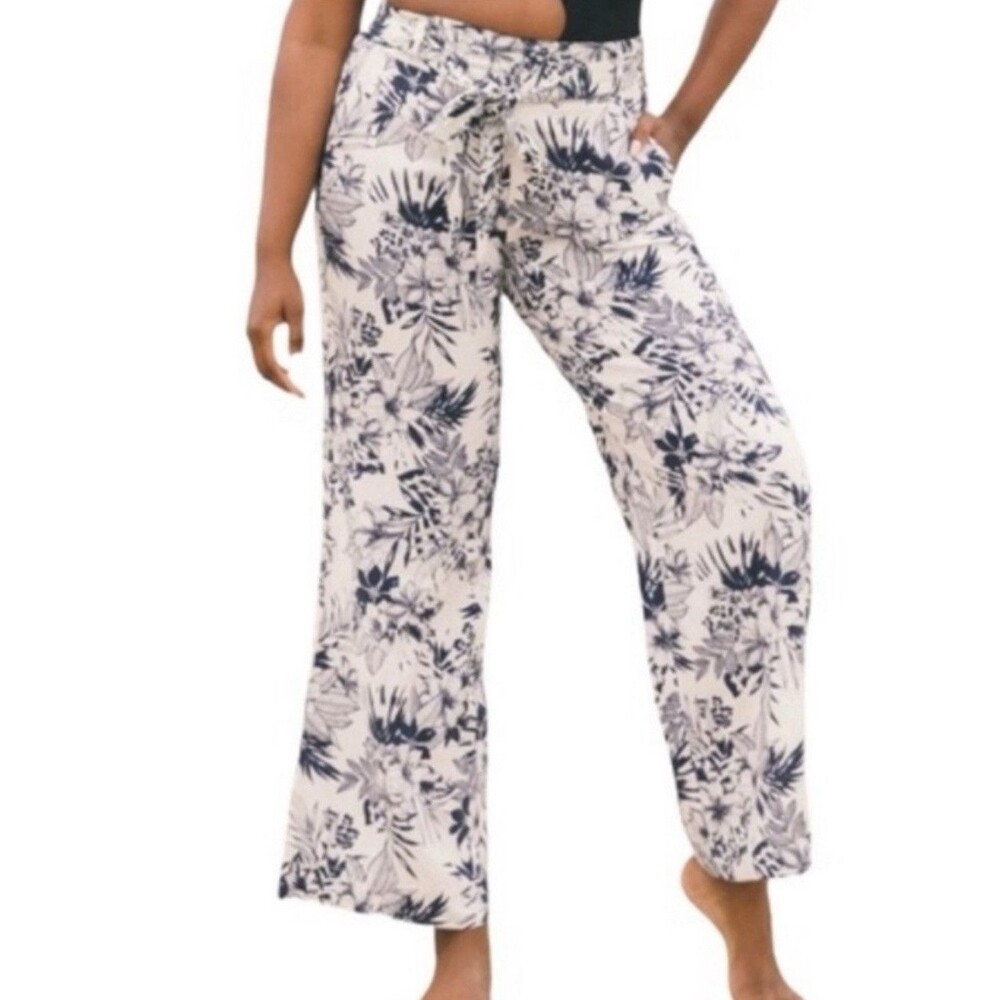 Beau Dawson Linen Blend Wide Leg Blue‎ White Floral Pants Size L Beachy Coastal